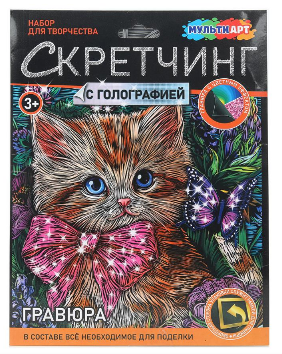 Скретчинг МИКС гравюра 18х24 см, Котик, МУЛЬТИ АРТ, 382041